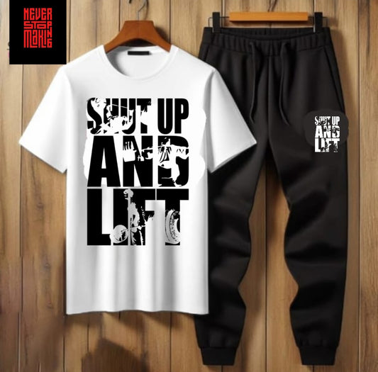 Summer Tracksuit – “Shut Up and Lift” T-Shirt & Jogger Pants (Multiple Colours)
