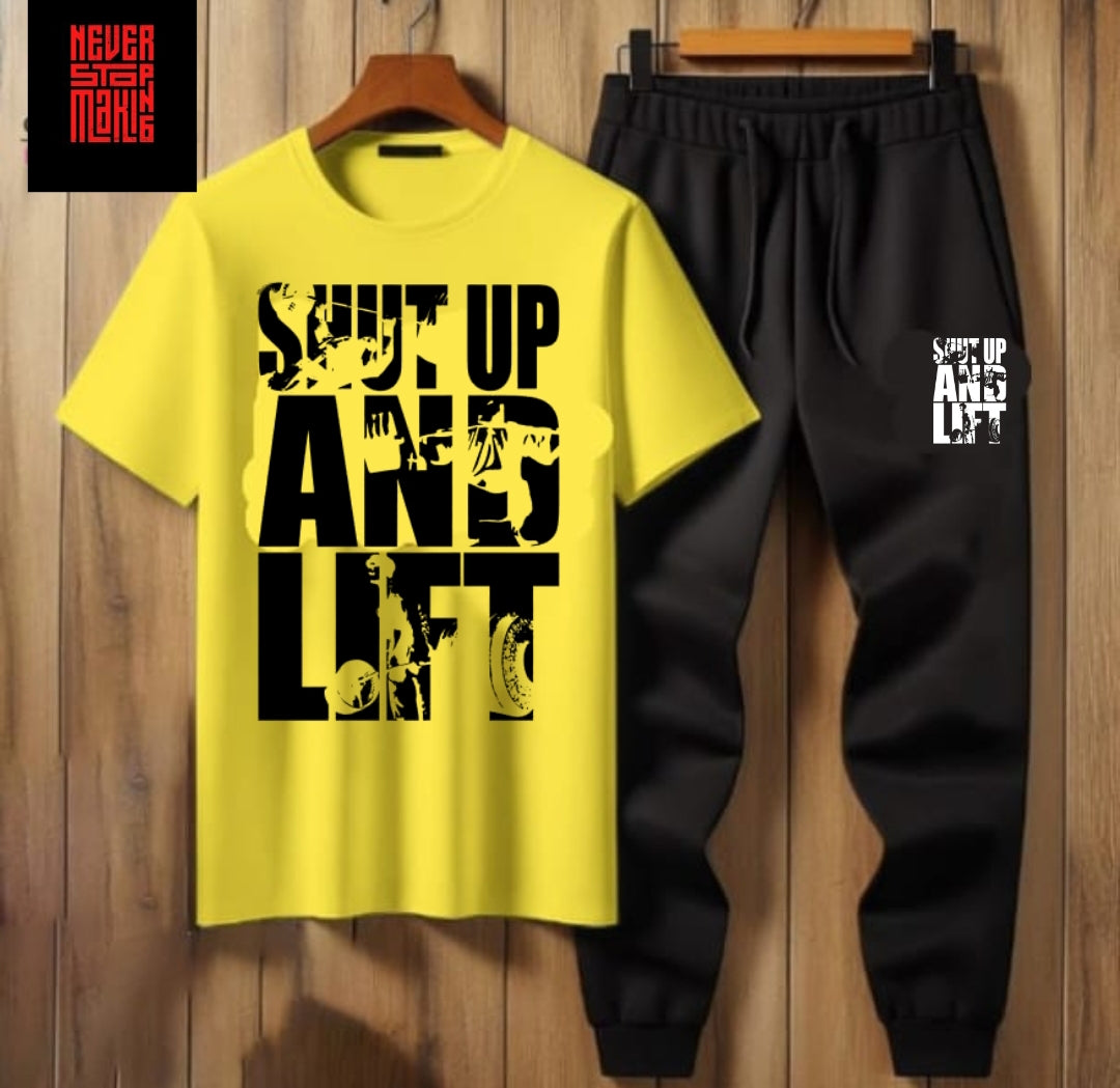 Summer Tracksuit – “Shut Up and Lift” T-Shirt & Jogger Pants (Multiple Colours)