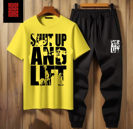 Summer Tracksuit – “Shut Up and Lift” T-Shirt & Jogger Pants (Multiple Colours)