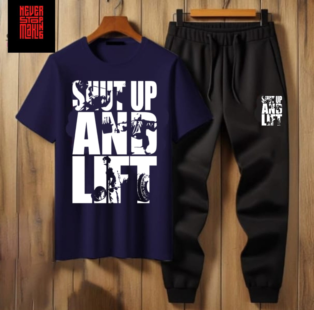 Summer Tracksuit – “Shut Up and Lift” T-Shirt & Jogger Pants (Multiple Colours)