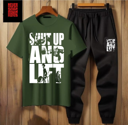 Summer Tracksuit – “Shut Up and Lift” T-Shirt & Jogger Pants (Multiple Colours)