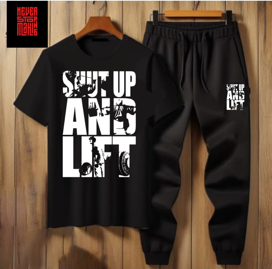 Summer Tracksuit – “Shut Up and Lift” T-Shirt & Jogger Pants (Multiple Colours)