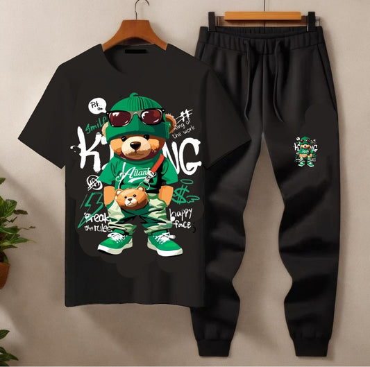 Stylish 2-piece bear print tracksuit with matching tee and joggers