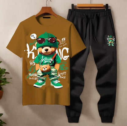 Stylish 2-piece bear print tracksuit with matching tee and joggers
