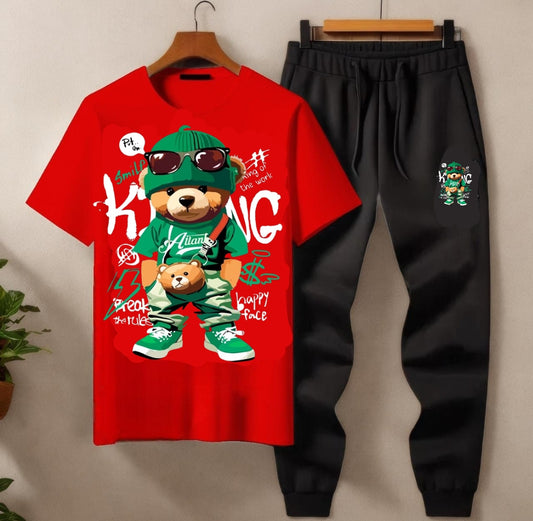 Stylish 2-piece bear print tracksuit with matching tee and joggers