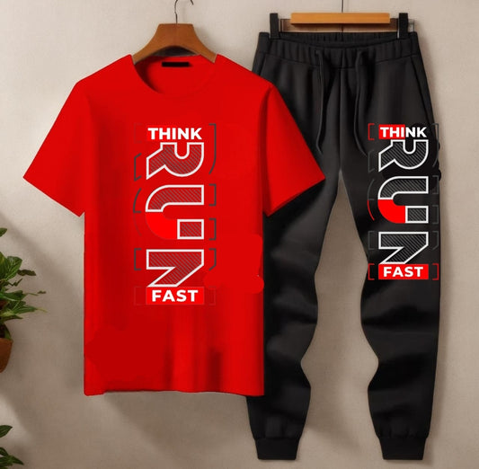 Summer Tracksuit – Red “Think Run Fast” T-Shirt & Black Trouser Set